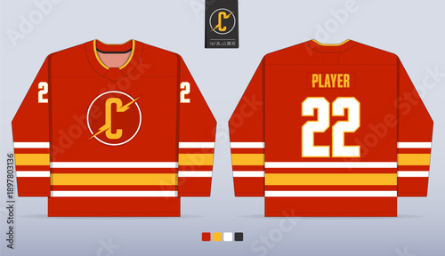 Red ice hockey jersey mockup template design. Front view, back view hockey uniform design. Vector Illustration