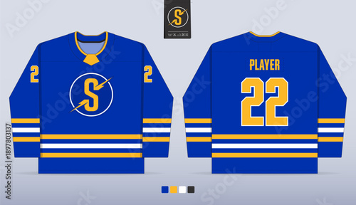 Blue ice hockey jersey mockup template design. Front view, back view hockey uniform design. Vector Illustration