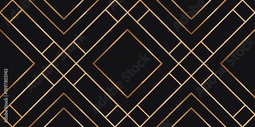Geometric art deco pattern featuring repeating gold lines on a black background
