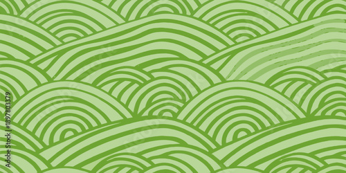 Abstract green waves and rolling hills pattern with curved lines