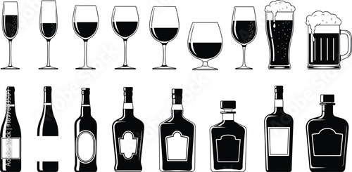 Black vector silhouettes of wine bottles, beer mugs, cocktail glasses, and liquor containers, alcohol bar drink menu icons, beverage glassware.