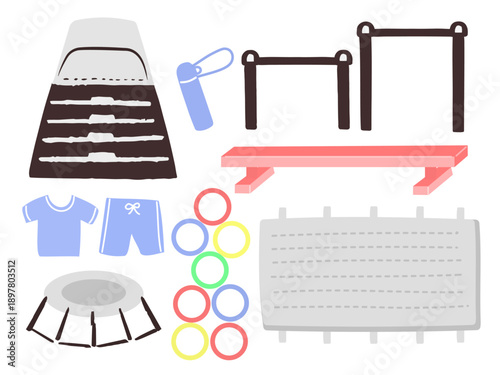 器械体操・体操教室の道具・用具のイラストセット（跳び箱・鉄棒・マット・平均台）