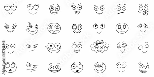Collection of diverse black and white cartoon face expressions and eyes