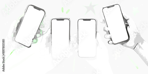 Hands holding multiple smartphones with blank white screens digital presentation