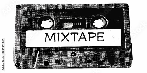 A vintage black and white image of a cassette mixtape