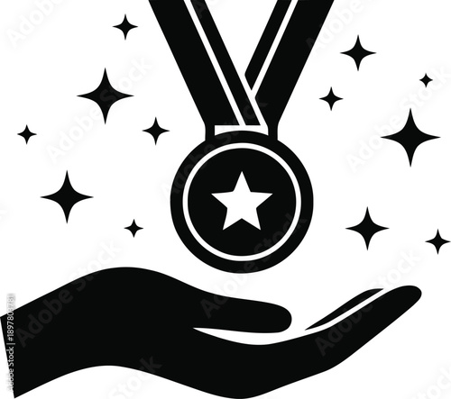 Black icon of hand holding medal with star and sparkles on transparent background vector