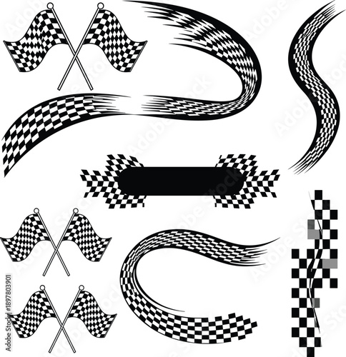 Racing checkered flag element illustration vector set with dynamic waving banners, curved stripes, and finish line symbols for motorsport, speed, and competition design