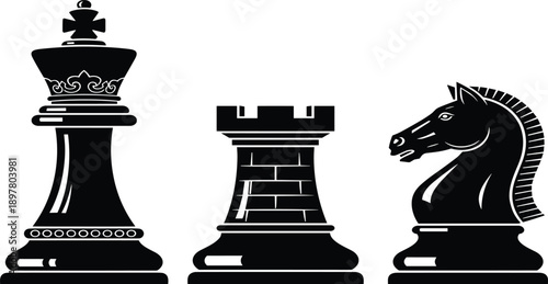 Classic chess pieces silhouette illustration vector featuring king, rook, and knight figures for strategy, board game competition, intelligence, and elegant graphic design