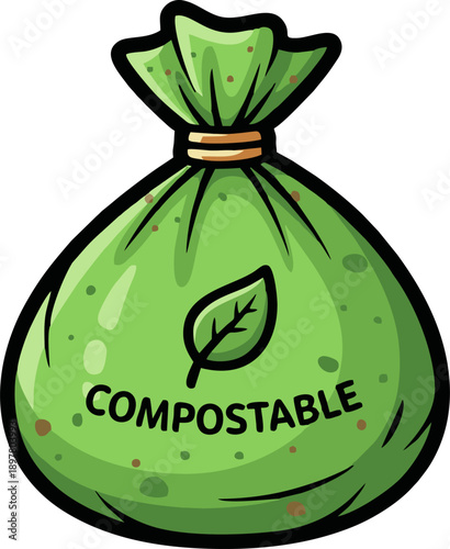 Green Compostable Bag with Leaf Icon and Text.