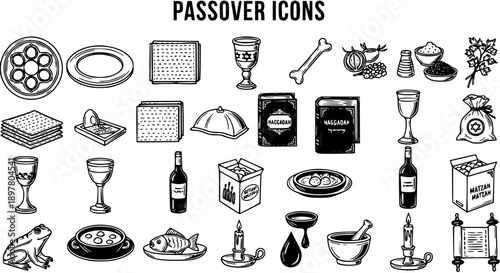 Judaism and Culture Passover Holiday Icons Set in Black  White Line Art Style for Seder and Jewish Celebrations