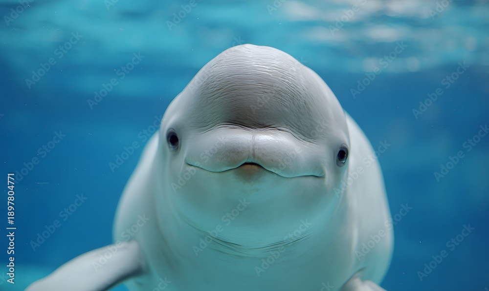Naklejka premium cute beluga whale face close-up, round head, gentle smile, soft expressive eyes