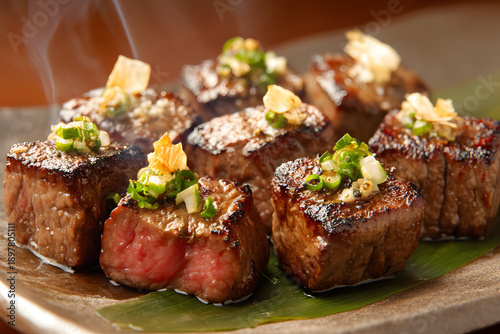 Wallpaper Mural Grilled Wagyu Beef Cubes on Plate with Scallions and Garlic Garnish Torontodigital.ca