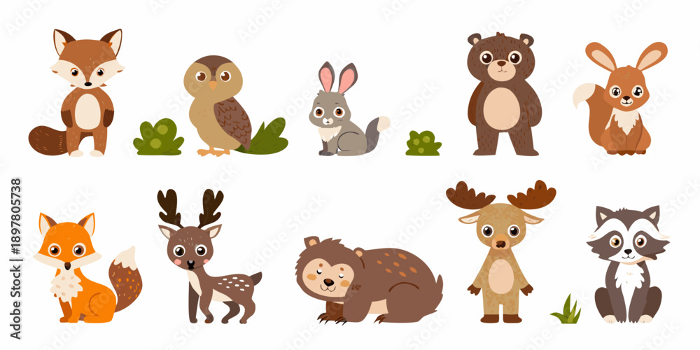 Fototapeta premium Cute cartoon forest animals including a fox bear and deer