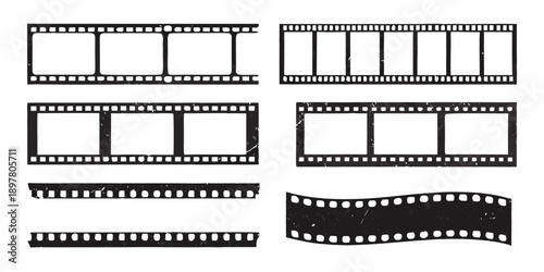 Collection of black and white film strips with varied frame arrangements