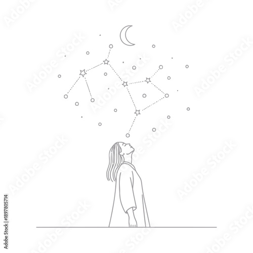 Woman looking up at night sky with stars and constellation celestial wonder dreamy and magical atmosphere stargazing moon