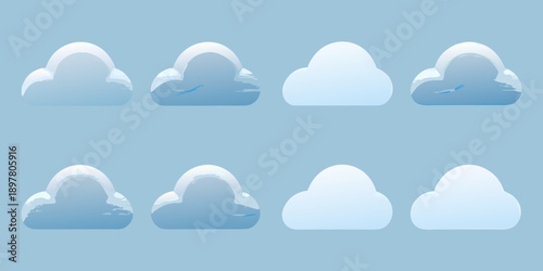 A set of six cartoon style clouds against a light blue background