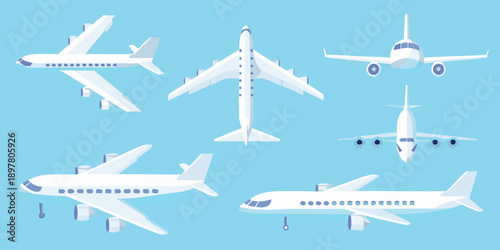 Various views of white passenger airplanes against a light blue sky