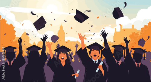 Happy graduates celebrating their achievement by throwing caps in the air with confetti and a university building in the background.
