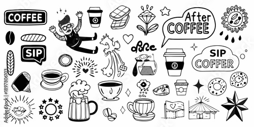 Playful doodle collection featuring coffee cups beans and a joyful character