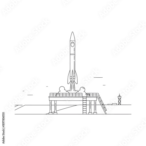 Spacecraft on launchpad with stairway and platform in simple line art illustration style