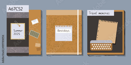 Three illustrated notebook covers with summer and travel themed decorations