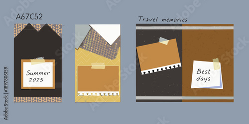 Collage of travel themed rectangular cards with text and geometric patterns
