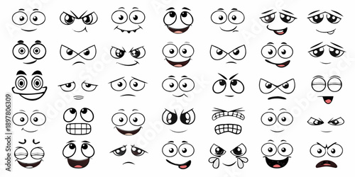 Collection of various black and white cartoon face expressions and eyes
