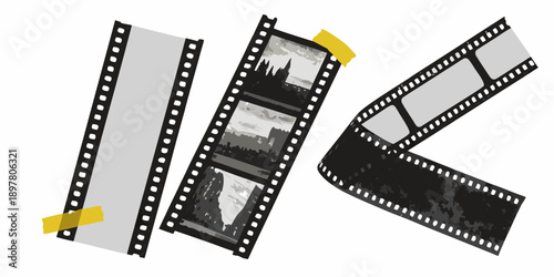 Film strips with images of a castle taped to a white background