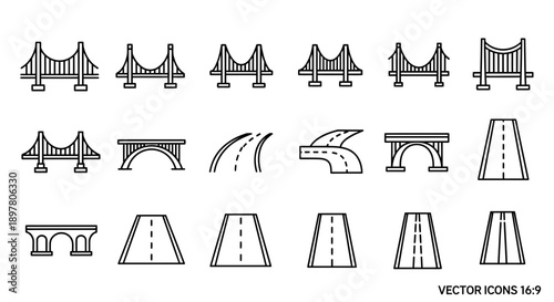 Vector Icons Collection: Bridges and Roads, Linear Design