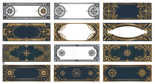 Steampunk Banners and Frames with Compass and Gears - Vintage Design Elements