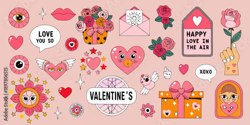 Colorful valentine s day themed stickers and illustrations with hearts and roses