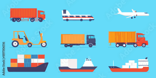 Various modes of transportation trucks planes ships and forklifts illustrated