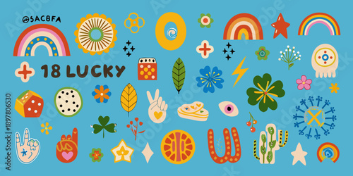 Colorful assortment of lucky charms and symbols on a blue background
