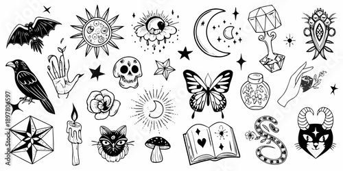 A collection of mystical and occult themed black and white illustrations