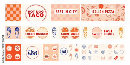 Colorful banners displaying various fast food items and playful text