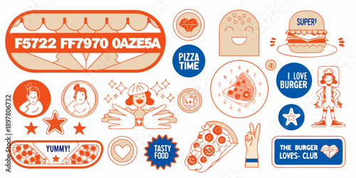 Colorful sticker collection featuring fast food characters and decorative elements