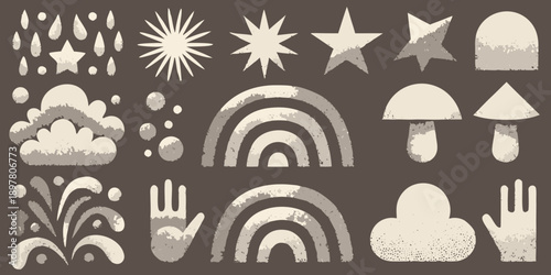 Collection of whimsical stylized shapes in a neutral color palette