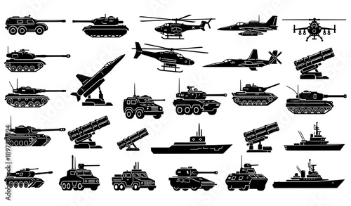 Military vehicle and aircraft silhouette vector set with tanks jets helicopters warships and missile launchers defense equipment