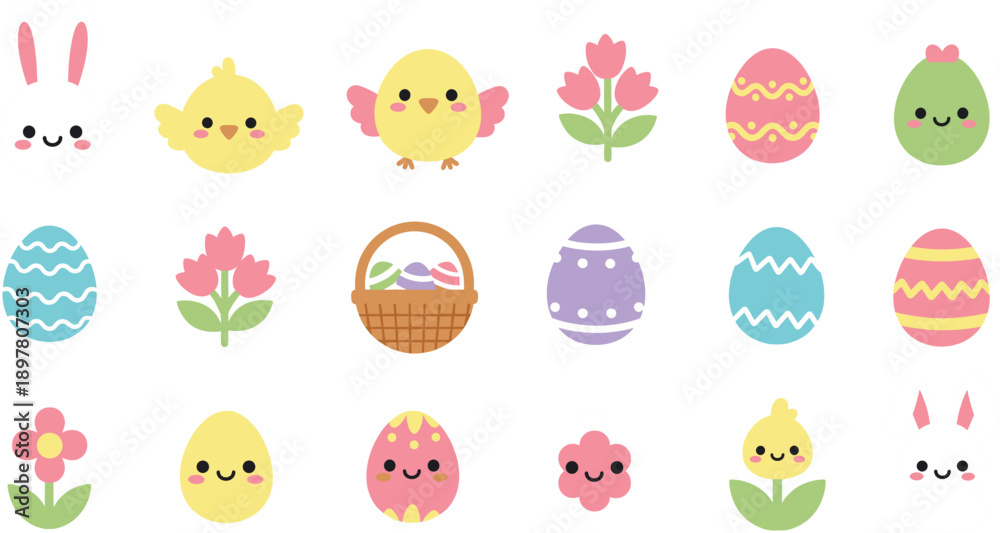 Fototapeta premium Kawaii Easter Vector Set Featuring Cute Bunny Faces, Yellow Chicks, Decorated Easter Eggs, and Spring Flowers for Holiday Greeting Cards and Seasonal Decorations