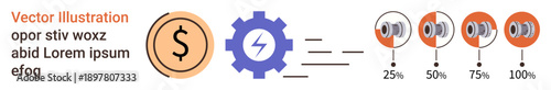 Finance management, energy efficiency, resource allocation, productivity, sustainable growth, development. Dollar symbol, gear with lightning bolt progress indicators from 25 to 100. Finance