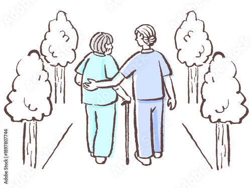 介護スタッフと外出介助・散歩をするシニアの後ろ姿のイラスト