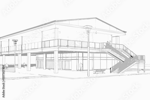 Line drawing of a coastal building with elevated deck and staircase