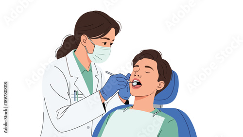 Illustration of a female dentist examining a male patient's teeth in a dental chair with a white background.