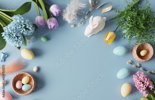A pastel Easter flat lay with eggs, flowers, and a bunny on a blue background.