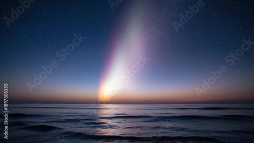 Coastal night scene with ocean waves, a vibrant sky displaying a radiant beam, and stars