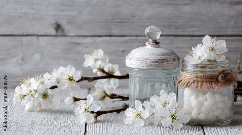 Obraz premium Spring Inspiration Background With Flowers and Glass Containers Creating a Bright and Airy Setting for Peaceful Moments