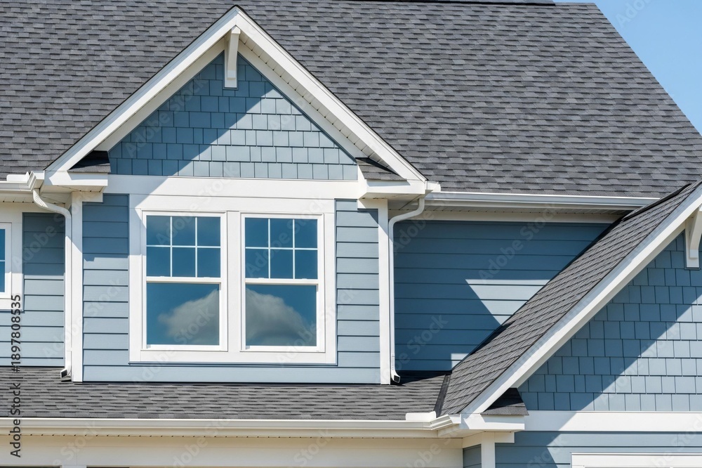Fototapeta premium Modern house with gray roof and blue siding