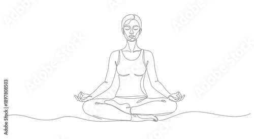 Minimalist continuous line art of a woman meditating in a yoga lotus pose, promoting calm and mental wellness