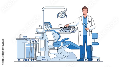 Illustration of a male dentist standing beside a dental chair in a clinical setting with blue and white equipment.