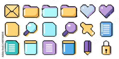 Colorful pixel art icons depicting digital files folders and communication elements